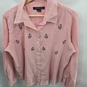 Impressions Red White Striped Santa Holiday Embroidered Button Up Shirt Size 14